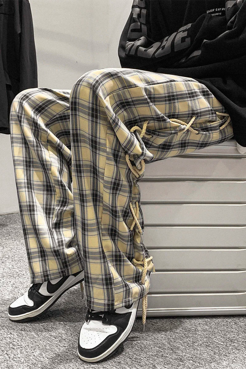 saferido Casual Straight Wide Leg Pants Breathable High Street Trend Loose Casual Cargo Pants Plaid Black Rope Decorative Trousers Spring