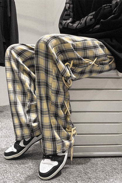 saferido Casual Straight Wide Leg Pants Breathable High Street Trend Loose Casual Cargo Pants Plaid Black Rope Decorative Trousers Spring