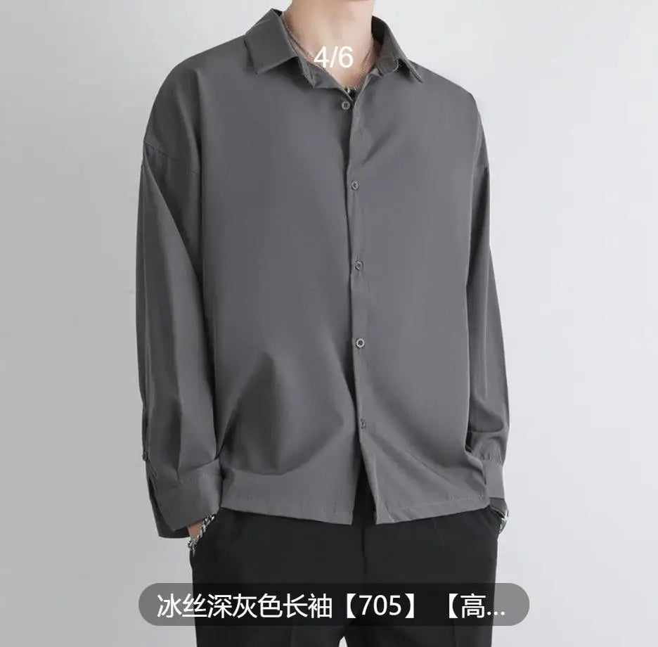 Premium Men Ice Silk Shirt Spring Summer Thin Luxury Loose Korean Business Shirt Solid Trendy Ruffle Draping Shirt Jacket