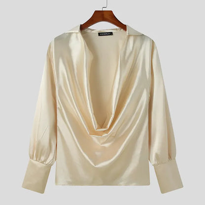 Men Shirt Solid Color V Neck Long Sleeve Satin Male Irregular Shirts Loose Streetwear Fashion Casual Camisas S-5XL INCERUN