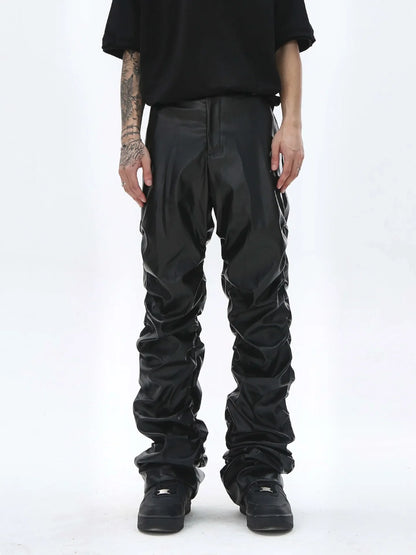 saferido Pleated Leather Pants Men’s Motorcycle Pants PU Leather Pants Men’s Punk Leather Cargo Pants Leather Pants