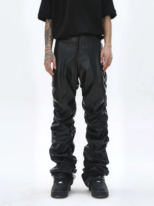 saferido Pleated Leather Pants Men’s Motorcycle Pants PU Leather Pants Men’s Punk Leather Cargo Pants Leather Pants