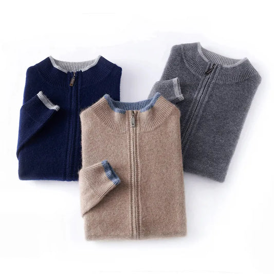 Autumn/Winter New 100% Pure Cashmere Sweater Men's Half High Neck Knitted Zippered Cardigan Solid Color Wool Top Coat