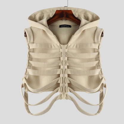 Fashion Casual Style Tops New Men's Funny Bone Deconstruction Design Vests Personality Solid Hooded Waistcoat S-5XL