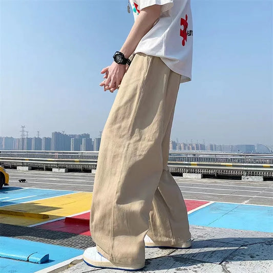 saferido Spring Cotton Wide Leg Pants Men Fashion Solid Color Casual Pants Men Streetwear Korean Loose Straight Pants Mens Trousers S-5XL
