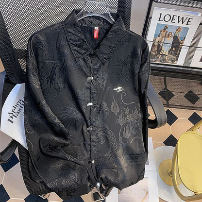saferido Chinese Style Dragon Totem Printed Shirt for Men 2024 Spring New Fashion Versatile Satin Streetwear Retro Long Sleeve Top Unisex