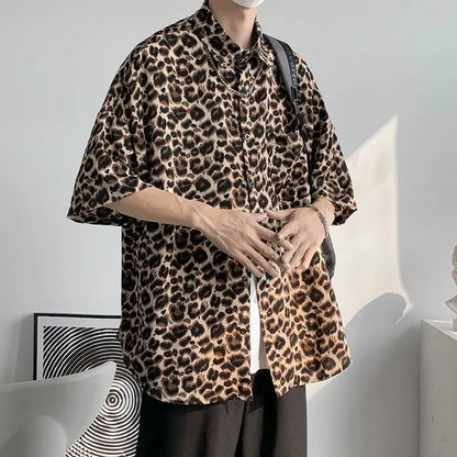 Fashion Casual Streetwear Korean Leopard Loose Button Handsome Shirts Spring Summer Thin Men's Clothing Turn-down Collar Tops