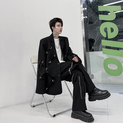 saferido Korean Street clothing fashion Spring Men's Irregular Hole Suit Dark Black Male Blazers Korean Fashion Lapel Outwear