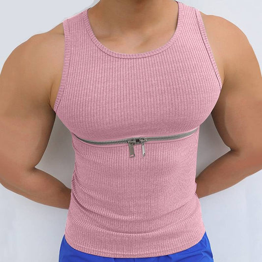 Men Tank Tops Zipper Solid Color Streetwear O-neck Sleeveless Stylish Vests Skinny Summer Casual Men Clothing S-5XL