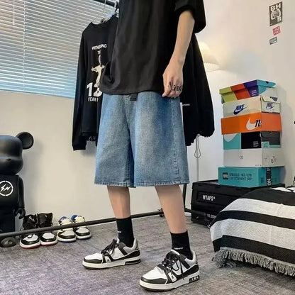 saferido Mens Y2k Casual Sports Denim Shorts 2024 Spring Summer New Genderless Streetwear Simple Solid Color Loose Jeans with Belt Unisex