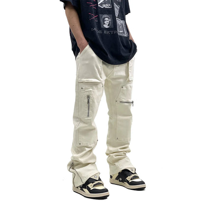Hip Hop Vibe Heavy Functional Cargo Trousers for Men Fashionable Rivets Zipper Split Adjust Micro Flare Pants White Male Clothes