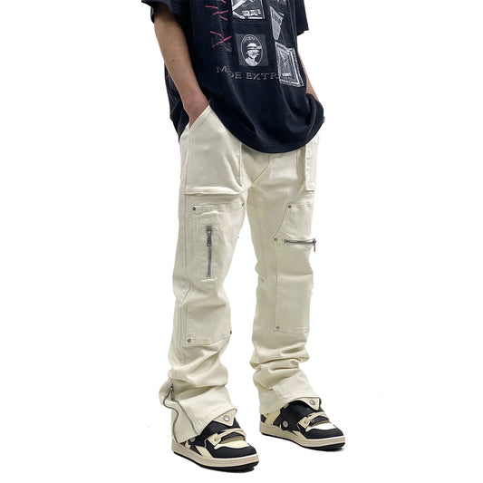 Hip Hop Vibe Heavy Functional Cargo Trousers for Men Fashionable Rivets Zipper Split Adjust Micro Flare Pants White Male Clothes