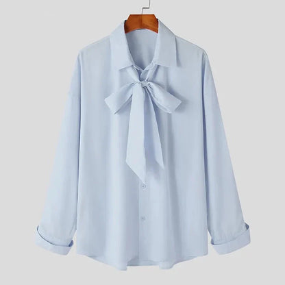 Men Shirt Lapel Long Sleeve Lace Up Streetwear Button Loose Casual Men Clothing Solid Color Fashion Camisas S-5XL