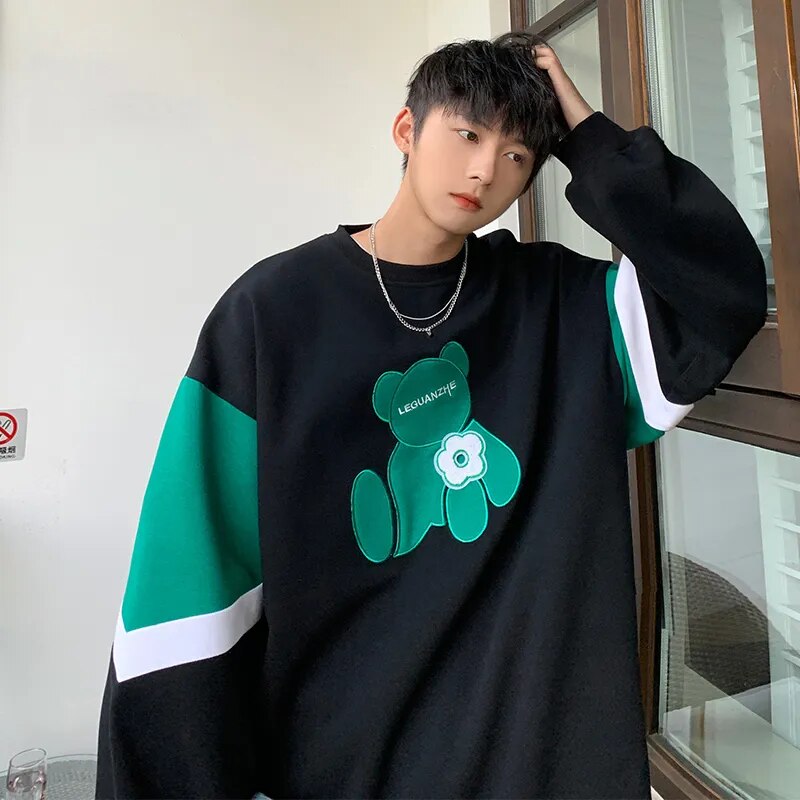 Green Bear Men‘s Sweatshirts Fashion Brand New Streetwear Pullovers Korean Style Unisex Hoodies Loose Male Clothing