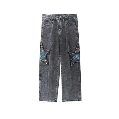 saferido Japanese Men Fashionable Jeans with Patchwork Printing Retro Vintage Washed Water Work Pants Spring Autumn New Style Cargo Pants
