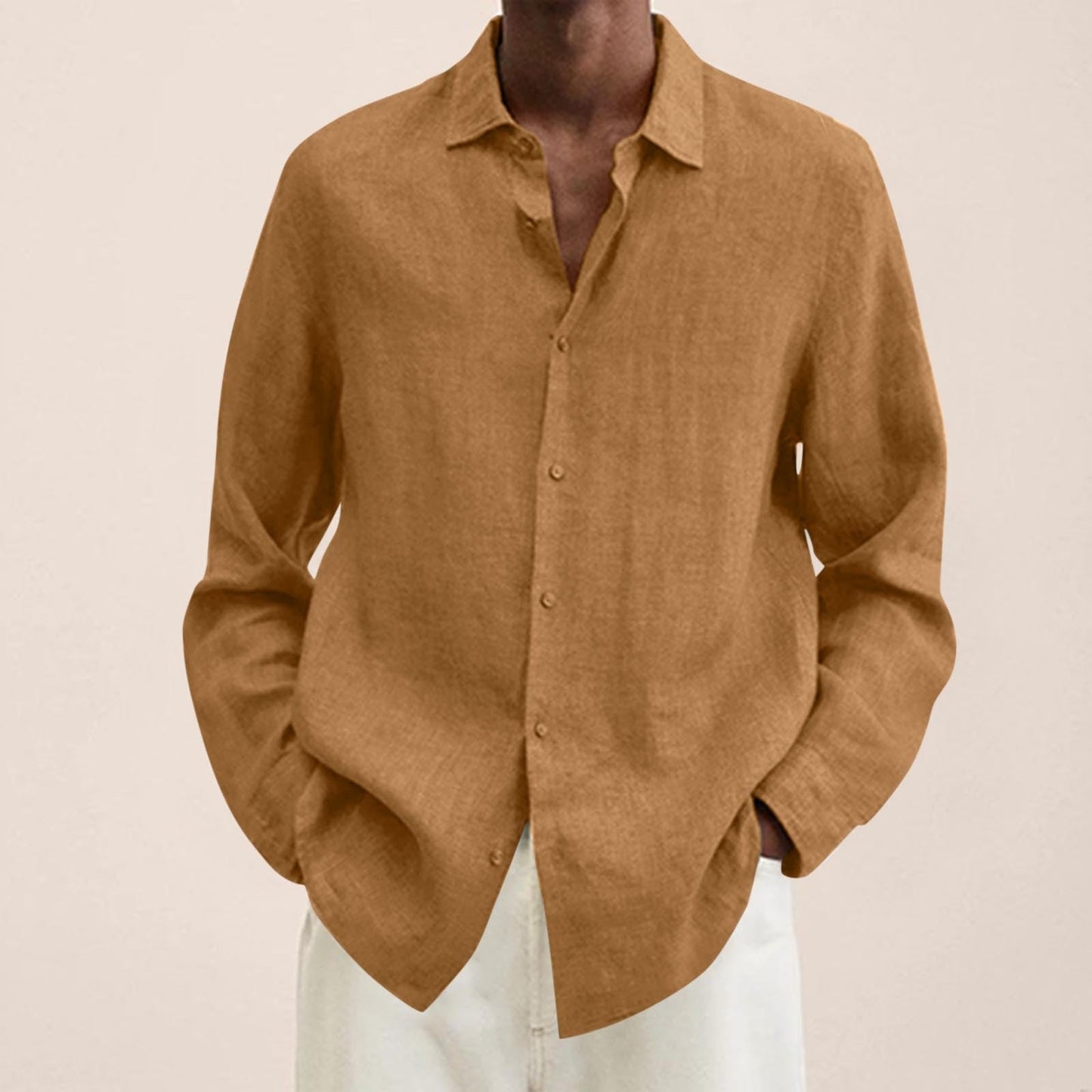 Spring Fashion Men Long Sleeve Shirt Cotton Solid Color Lapel Loose Shirt Tops Casual Handsome Men's Shirts