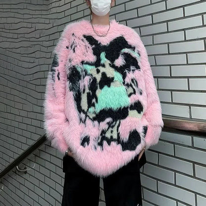 saferido Mens Y2k American Street Pink Graffiti Knitted Sweater Genderless Autumn Winter Fashion Casual Lazy Style Plush Top Unisex