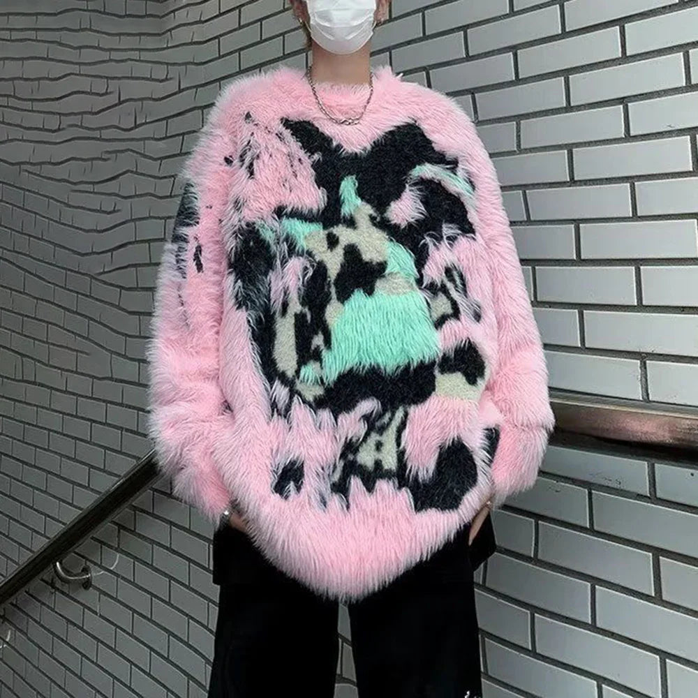 saferido Mens Y2k American Street Pink Graffiti Knitted Sweater Genderless Autumn Winter Fashion Casual Lazy Style Plush Top Unisex