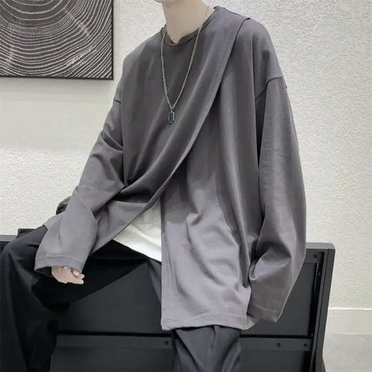 saferido men t-shirts Spring Hong Kong style long sleeve T-shirt Korean handsome loose slit top trend printing oversize man clothes