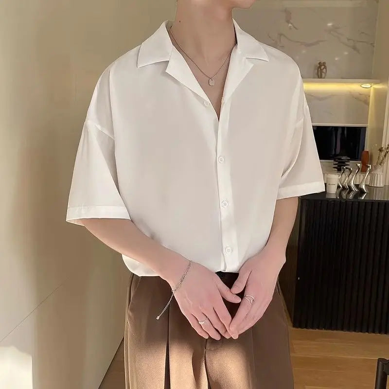 Korean Fashion Men Cuban Collar Short Sleeve Shirt Men Summer Solid Color Business Casual Loose Drape White Dress Shirt