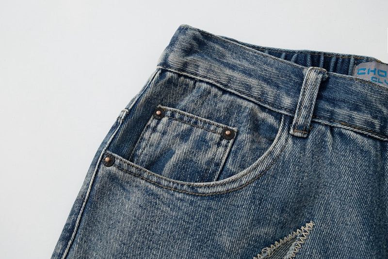 High Street Solid Color Patchwork Skulls Embroidery Casual Denim Pants Men and Women Elastic Waist Baggy Jeans Trousers