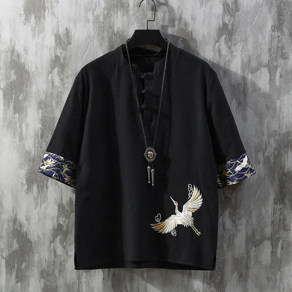saferido Chinese Style Disc Button Linen T-shirt Mens Summer Short-sleeved Tang Shirt Loose Large Size T-shirt Japanese Kimono Men New
