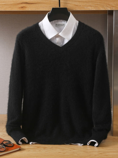 Men's 100% Mink Cashmere Sweater V-Neck Pullovers Knit Large Size Winter New Tops Long Sleeve High-End Jumpers