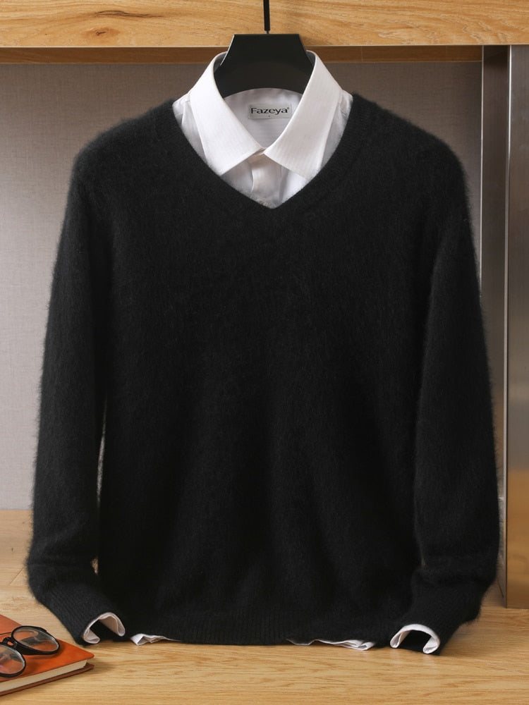 Men's 100% Mink Cashmere Sweater V-Neck Pullovers Knit Large Size Winter New Tops Long Sleeve High-End Jumpers