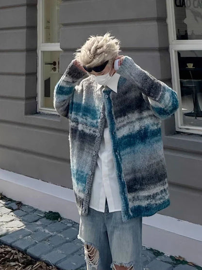 saferido Striped Knitted Sweater Coat Men Japanese Y2K Oversize Casual Autumn Winter Loose V-Neck Cardigan for Men Rainbow Color