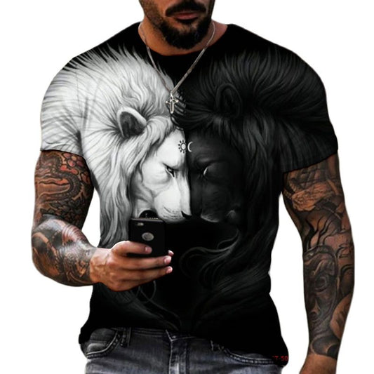 Lion Fighting Animal Beast Fierce Lion Wolf 3D T Shirt New Summer Men's Oversized Short Sleeve Black and White Design Polyester