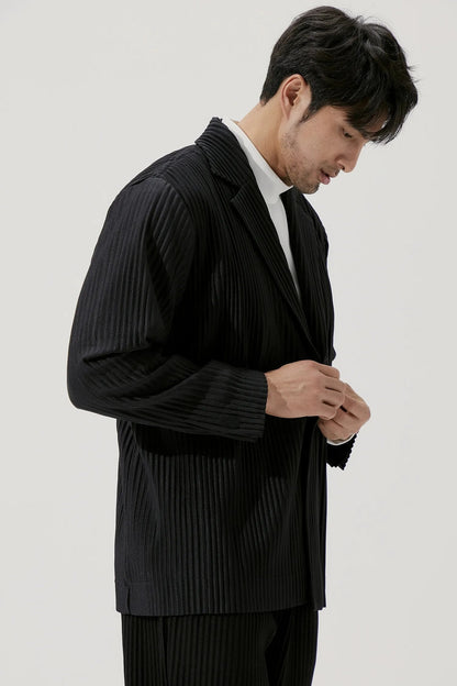 Miyake Blazer Men Pleated Black Suits For Men Stretch Fabric Slim Fit Coat High Quality Casual Japanese Style Blazers
