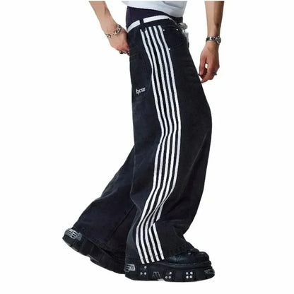 Y2k Harajuku Street Distressed Striped Black Jeans Women Korean Fashion Casual Straight Pants Classic Simple Loose Denim Pants