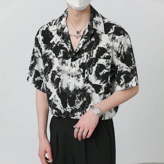 Summer Top Korean Loose High-grade Drape Ice Silk Shirt Men Short Sleeve Trendy Ink Print Non-ironing Hawaiian Shirts for Men