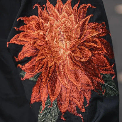 saferido Mens Autumn And Winter Japanese Red Dahlia Embroidered Shirt Floral Retro Essential Dark Style Long-Sleeved Shirt For Men