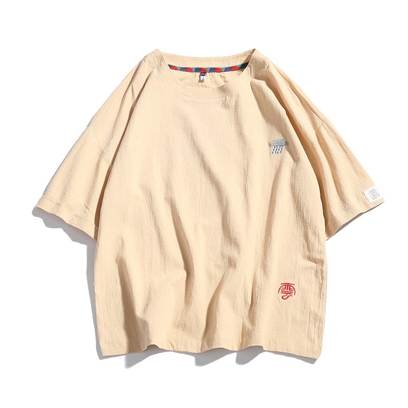 Summer New Men's Short-Sleeved T-shirt Cotton and Linen Casual Men's T Shirts Male Breathable Loose Hip Hop Embroidery Top Tees