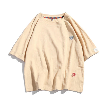 Summer New Men's Short-Sleeved T-shirt Cotton and Linen Casual Men's T Shirts Male Breathable Loose Hip Hop Embroidery Top Tees