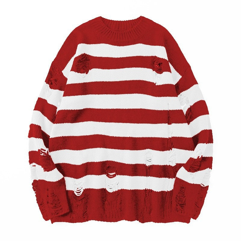 Hip Hop Striped Knitted Sweater Mens Womens Harajuku Hole Knit Jumpers Oversized Streetwear Casual Loose O-Neck Pullover Couples
