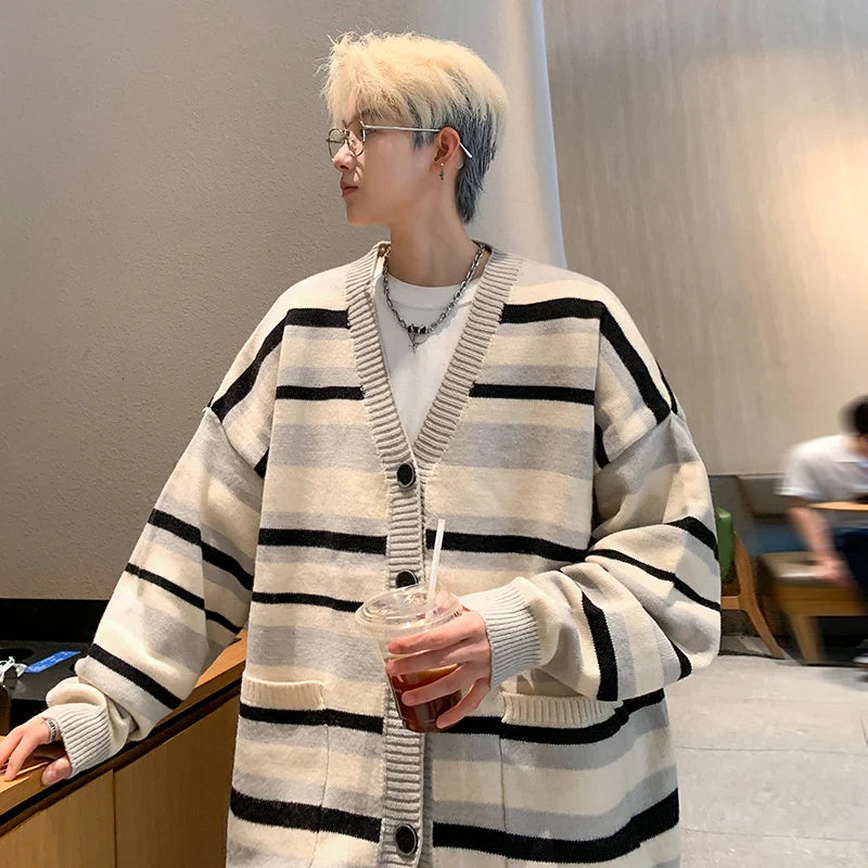 saferido Autumn Striped Cardigan Sweater Men Korean Knitted Sweater Pullover Harajuku Hip Hop Streetwear Loose Knitwear Coat Male Clothes