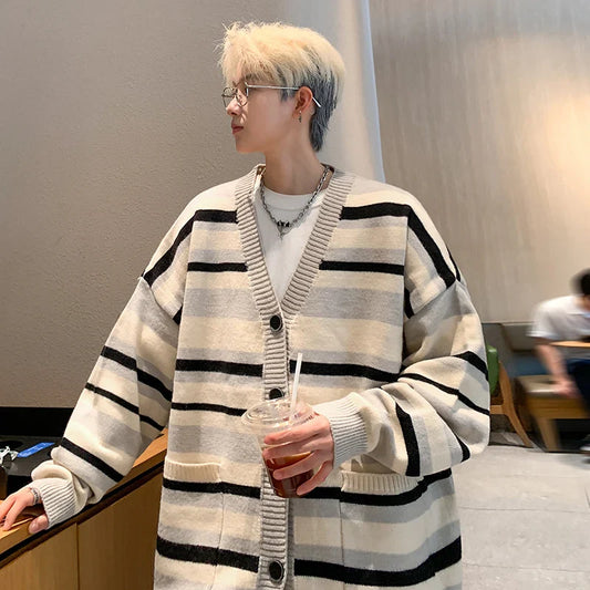 saferido Autumn Striped Cardigan Sweater Men Korean Knitted Sweater Pullover Harajuku Hip Hop Streetwear Loose Knitwear Coat Male Clothes