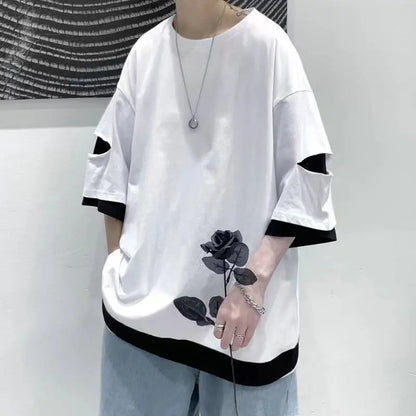 saferido Street Casual Fashion Loose Pullovers Patchwork T-Shirts Short Sleeve Man Spring Summer Thin Hooded Round Neck Men's Clothing