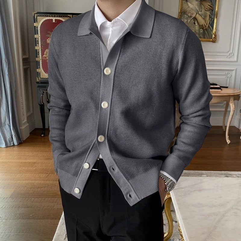 saferido       Spring  Men's Pure  Lapel Knitted Sweater  Collar Daily Casual Long Sleeve with Button Solid Korean Style Tops