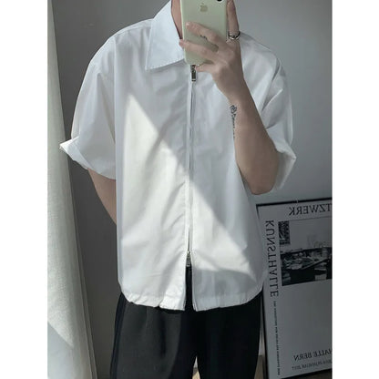 saferido Summer Short Sleeved Shirt Men Fashion Oversized Zip Shirt Men Korean Loose Black White Dres Shirts Mens Ice Silk Shirt M-2XL