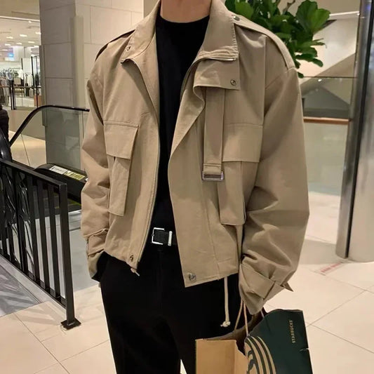 saferido Men's Jackets Coat Korean Style Loose Fashion Turn-down Collar Retro Cargo Solid Pockets Temperament  Winter Jacket Male Coat