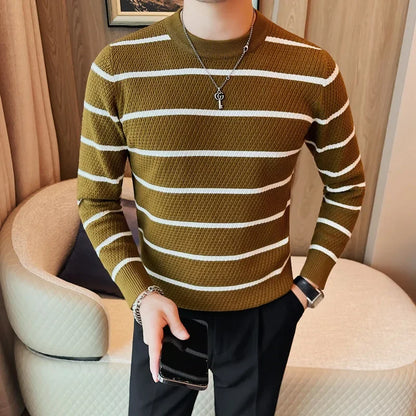 saferido Men High Quality Winter Basic Round Neck Sweaters Casual Soft Warm Long Sleeve Sweater Korean Knitted Stripe Pullover 4XL-M