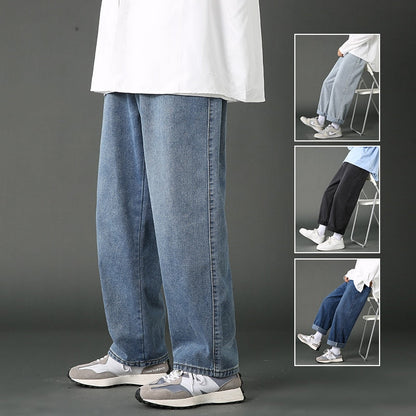 Street Casual Baggy Jeans Men's Korean Fashion Hip Hop Straight Wide Leg  Trousers Couple Denim Pants Black Light Blue