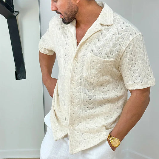 saferido Spring Summer Knit Jacquard Mens Shirt Short Sleeve Lapel Casual Loose Tops Fashion Vintage Knitwear Clothing For Men Streetwear