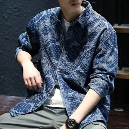 saferido Spring Autumn New Vintage Printing Turn-down Collar Long Sleeve Shirt Man Cotton Loose All-match Single Breasted Cardigan