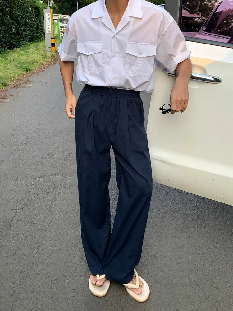 saferido  2024 Summer New Men's Casual Pants Korean Style Lazy Wind Solid Color Elastic Waist Trousers Lace-up Loose Straight