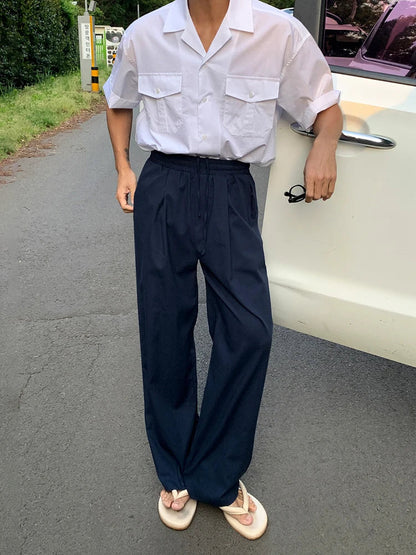 saferido  2024 Summer New Men's Casual Pants Korean Style Lazy Wind Solid Color Elastic Waist Trousers Lace-up Loose Straight