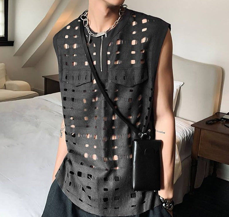 Men Tank Tops Hollow Out Zipper O-neck Sleeveless Streetwear Sexy Casual Vests Korean Fashion Men Clothing S-5XL